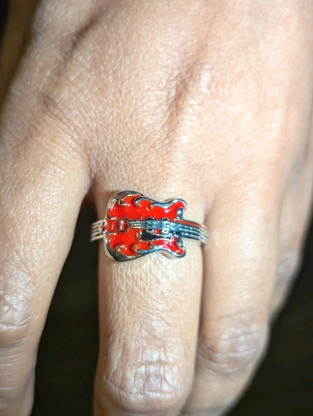 Elvis Inspired Silver Plated Guitar Red Enamel   Unisex Intricate Detailed Ring